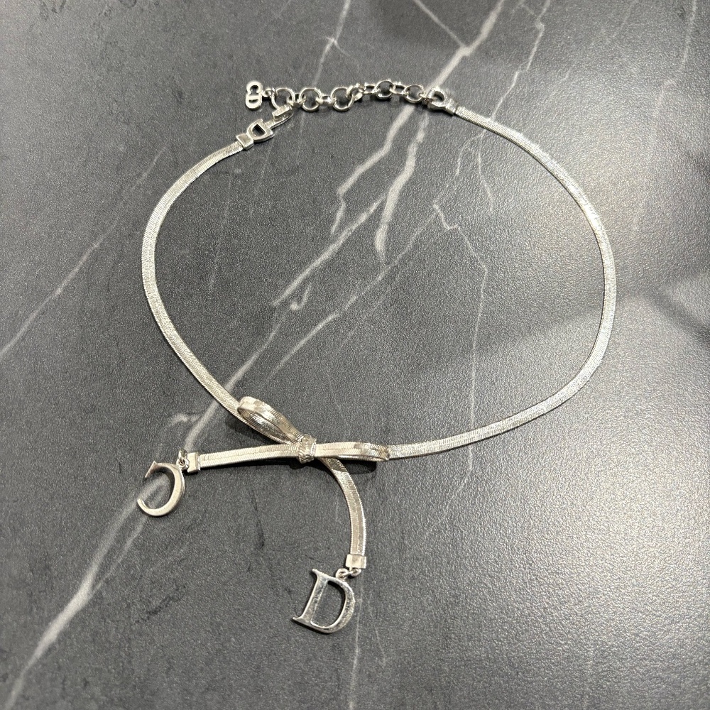 Vintage Christian Dior Silver CD Bow Choker Necklace